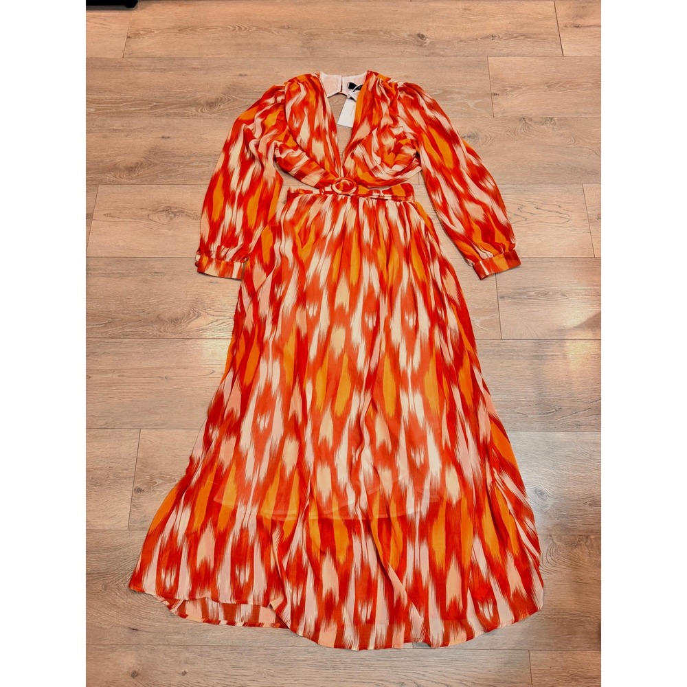 NWT O.P.T Kimia Orange Ikat Maxi Dress Belted Plunge Neck Medium M